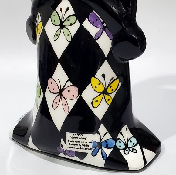 10" Handbag Purse Ceramic Harlaquin Black White Diamin Butterflies MacKensie Art - Picture 4 of 11